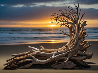 Sculpture made from driftwood on the beach of ocean. at sunset