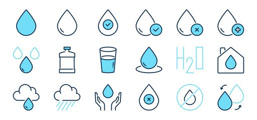 Water color blue line icons set 2. Ecology and environment sign. Drop symbol. Isolated on a white background. Pixel perfect. Editable stroke. 64x64.