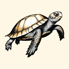 Fototapeta premium Hand Drawn Turtle Watercolor Illustration Engraved Vintage