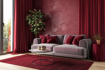 Obraz premium Modern Living Room with Vibrant Red Accents and Plush Sofa