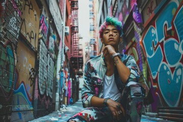 Urban Fashion Model with Colorful Hair Posing in Graffiti Alley