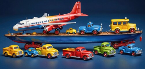 Conceptual representation of different types of global freight transportation as toys, types and ways of transporting goods and goods worldwide