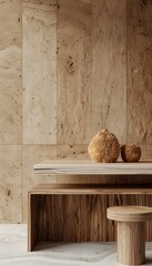 Minimalist Wooden Furniture and Decor Arrangement on a Marble Background