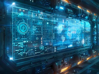 Obraz premium Futuristic spaceship control panel with a large world map.