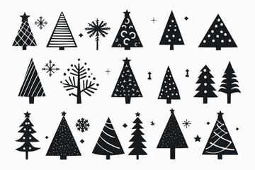 Collection set icons Christmas trees isolated on transparent background, Vector illustration, Festive Holiday, posters, cards or for web