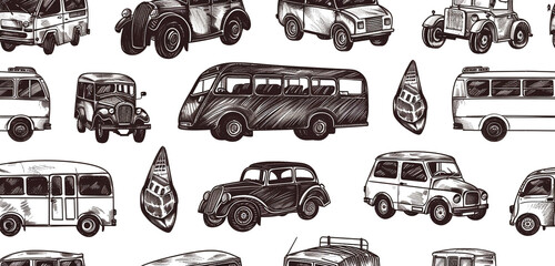 Seamless black and white pattern with hand-drawn vehicles.