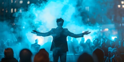 Magician showcasing illusions to a live audience on stage. Concept Magic Tricks, Illusion Show, Live Performance, Stage Entertainment, Audience Participation
