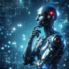 Futuristic, cyborg, pondering its existence, concept art