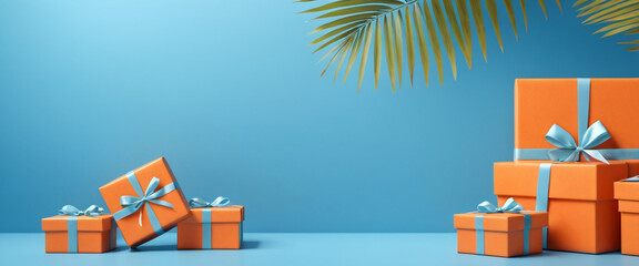 orange gift box on a blue background. Birthday decorations