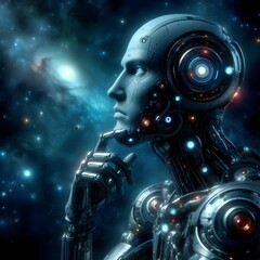 Futuristic, cyborg, pondering its existence, concept art