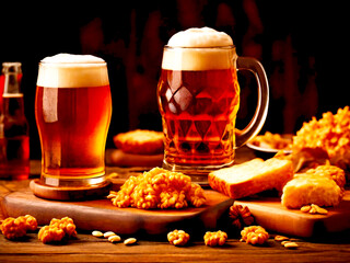 Glass of delicious beer at bar counter decorate for celebrate beer festival