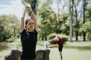 A fit young woman and man engage in stretching exercises in a sunlit park, conveying health and...