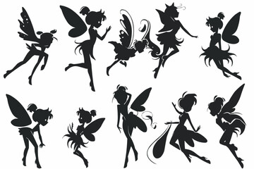 Cartoon magic fairy tale little fairies silhouettes. Magical little fairies girls flying with butterflies illustration set. Fantasy pixie creatures.
