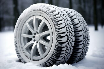 Shiny New car winter tire at morning sun. Water auto texture white travel. Generate Ai