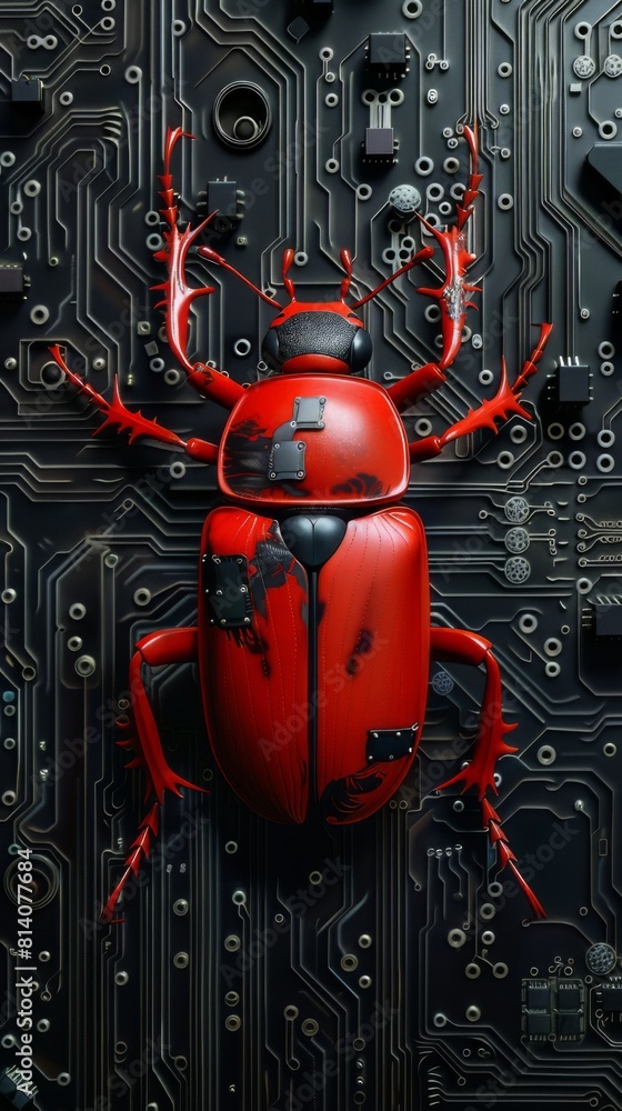 Poster Red mechanical beetle on a circuit board