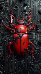 Fototapeta premium Red mechanical beetle on a circuit board