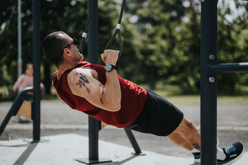 A fit man with tattoos performs suspension training exercises in a park, emphasizing his strength...