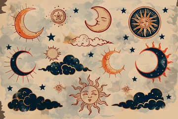 Hand drawn vector illustrations. Space elements. Cosmic doodle objects (planets, stars, moon, sun, constellation). 
