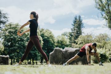 A focused young man and woman engage in stretching exercises in a lush park, conveying a sense of...