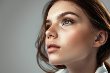 Fototapeta premium Beautiful brunette woman with long hair, radiant perfect skin, beauty industry, beauty and health.
