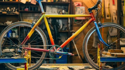 custom-built bicycle frame being painted in a workshop, with a rainbow of color options available for customers to choose from to personalize their ride.