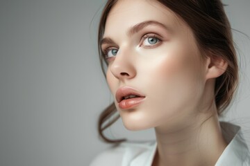 Naklejka premium Beautiful brunette woman with long hair, radiant perfect skin, beauty industry, beauty and health.