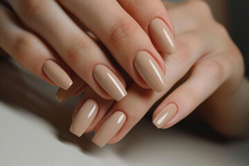 Closeup to woman hands with elegant neutral colors manicure. Beautiful nude manicure on long nails....