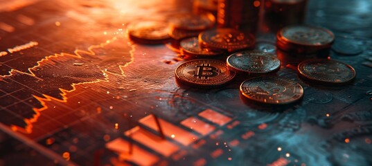 Golden Bitcoin over dark background. Business concept