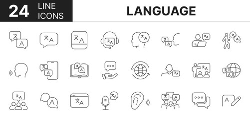 Collection of 24 language line icons featuring editable strokes. These outline icons depict various modes of language, translate, learning, speaking,