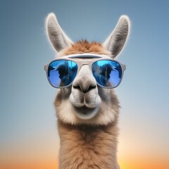 Creative animal concept. Llama in sunglass shade glasses isolated on solid pastel background, commercial, editorial advertisement, surreal surrealism
