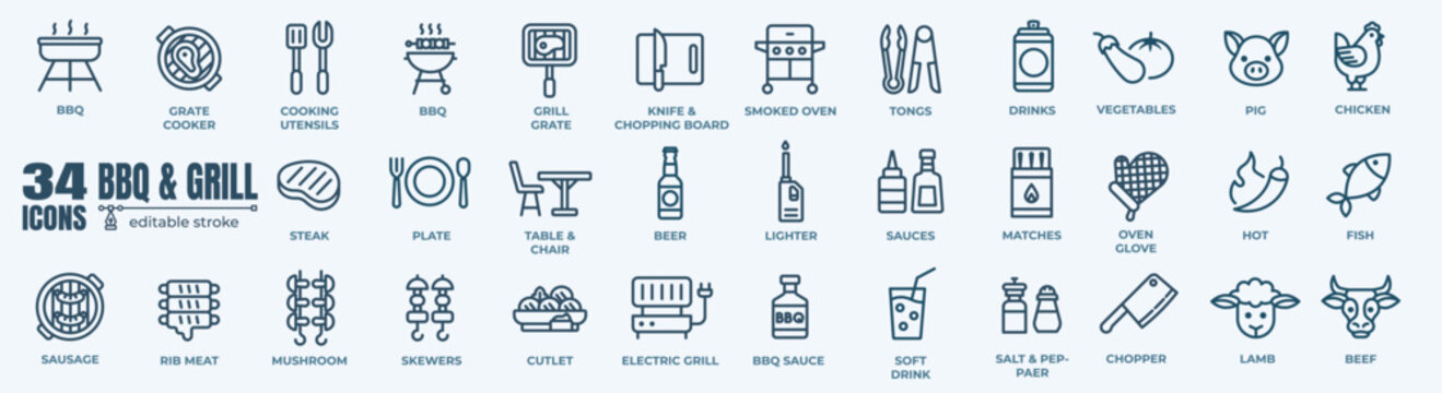 BBQ barbecue and grill minimal thin line web icon set. Outline editable icons collection. Simple vector illustration.