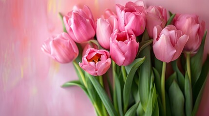 Pink Tulips Bouquet on Soft Pink Background