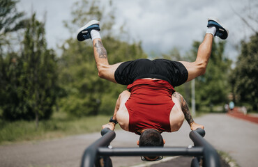 Fitness enthusiast engages in an intense outdoor workout using parallel bars in a green park...