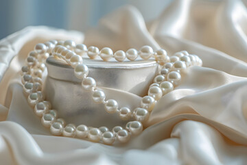 a dainty pearl necklace draped elegantly on a white velvet display stand, exuding grace and femininity