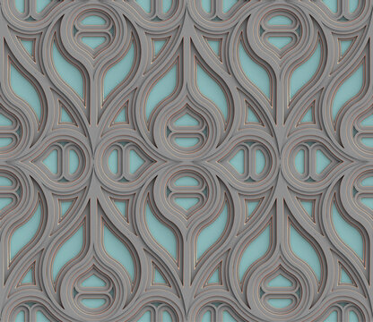 3D Wallpaper Gothic architecture stained glass gray, black and mint color decor on the edges. High quality seamless realistic texture