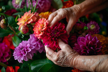 a florist's hands arranging a bouquet of vibrant flowers