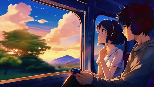 a train journey, a girl sits by the window, sharing headphones and watching the passing scenery, 2D fla, 2D flat Japanese anime-style 4k lofi hip-hop bites landscape music background animation video