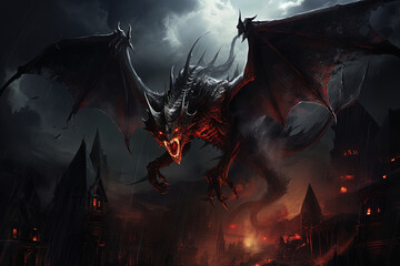 Winged beast with a medieval cityscape.