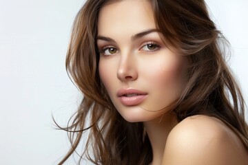 Fototapeta premium Beautiful brunette woman with long hair, radiant perfect skin, beauty industry, beauty and health.