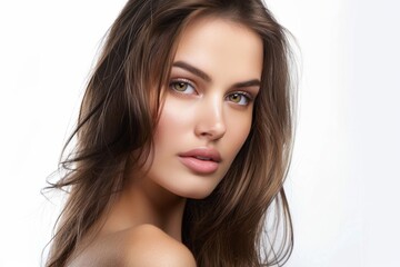 Fototapeta premium Beautiful brunette woman with long hair, radiant perfect skin, beauty industry, beauty and health.