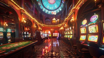 Obraz premium A centered symmetric view of a retro casino, wide angle view, slot machines, roulette, poker, beautiful colors, generative ai