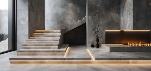 Staircase with embedded lighting, concrete walls and wood flooring. The staircase is made of light grey polished stone with LED lights under each step. There's an elegant fireplace on the right side. 