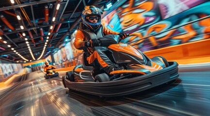 A man in an orange and black go-kart suit races around the track of his indoor karting center, creating a dynamic scene with blurred motion and vibrant colors. The background is filled with colorful