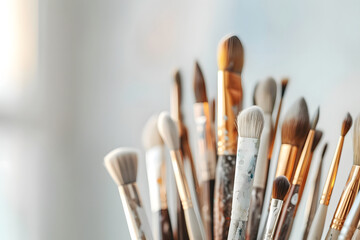 a set of artist's paintbrushes arranged neatly against a white canvas backdrop