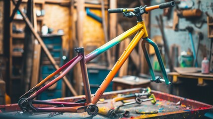 custom-built bicycle frame being painted in a workshop, with a rainbow of color options available for customers to choose from to personalize their ride.