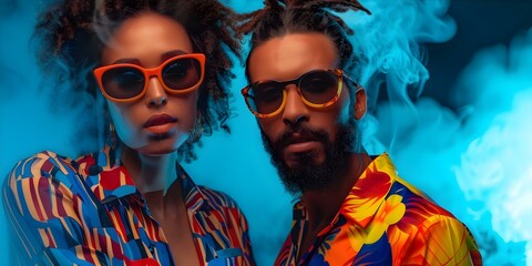 Stylish Studio Shoot: Retrowave Fashion Couple in Vibrant Clothing. Concept Retro Futuristic, Neon Lights, 80s Style Fashion, Dramatic Lighting, Colorful Backgrounds