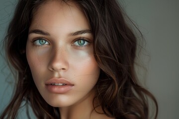 Fototapeta premium Beautiful brunette woman with long hair, radiant perfect skin, beauty industry, beauty and health.