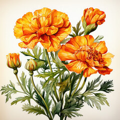 Watercolor Marigold Illustration, Generative Ai