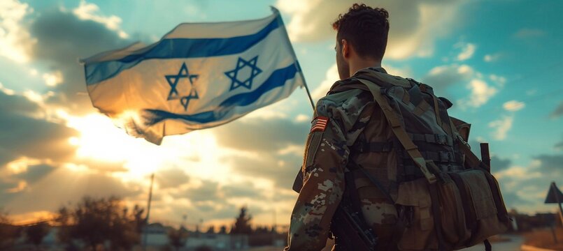 Silhouette of soldier saluting against the sunrise in the desert and Israel flag. Concept - armed forces of Israel. Closeup.