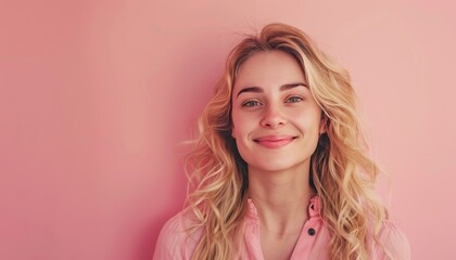 Fototapeta premium Smiling woman with blonde hair on pastel background, high-quality image for design use